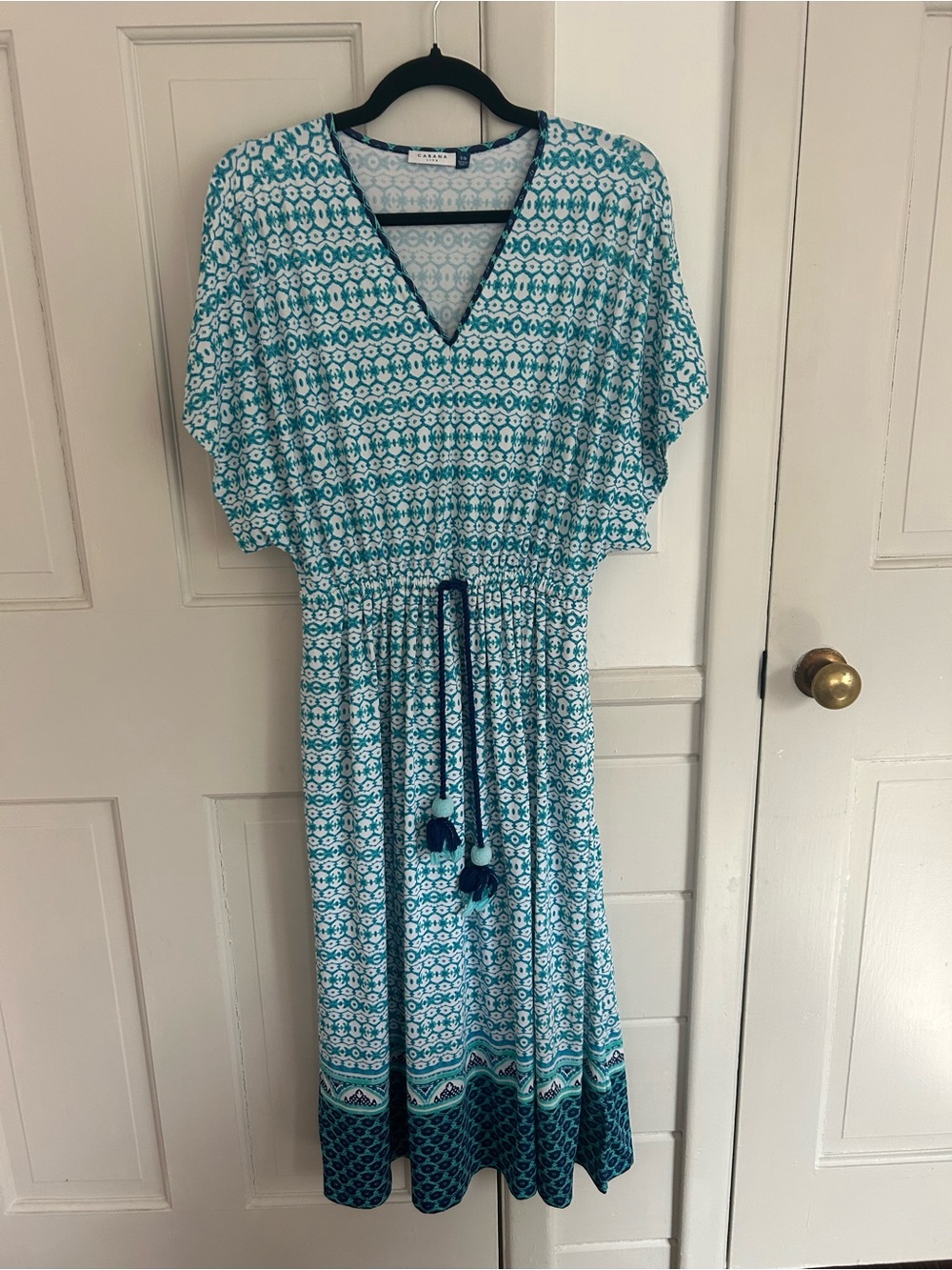 Cabana life Turquoise Printed V-Neck Midi Dress with Tassel Tie
